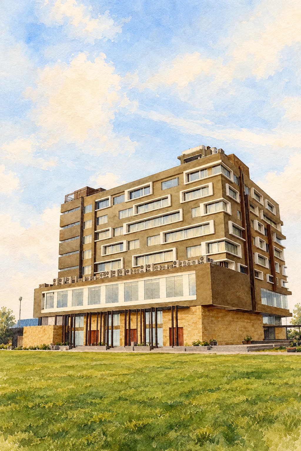 Watercolor illustration of The Chandraleela (TCL), Indore, preserving its architecture and green lawn