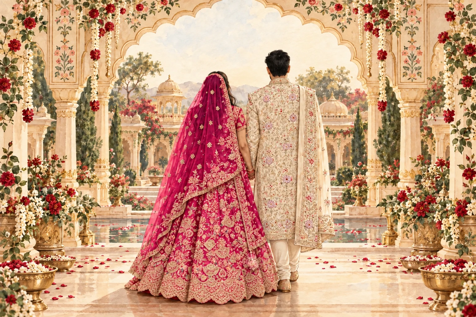 Yash in an ivory floral sherwani and Mahak in a dark pink and gold lehenga, seen from behind under a wedding arch